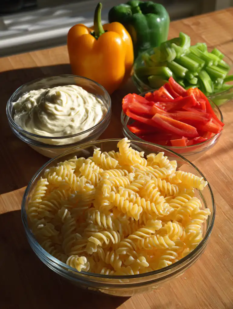 creamy pasta salad ingredients including pasta mayonnaise vegetables and dressing base