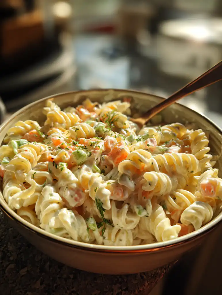 creamy pasta salad mixing pasta with dressing and vegetables in bowl