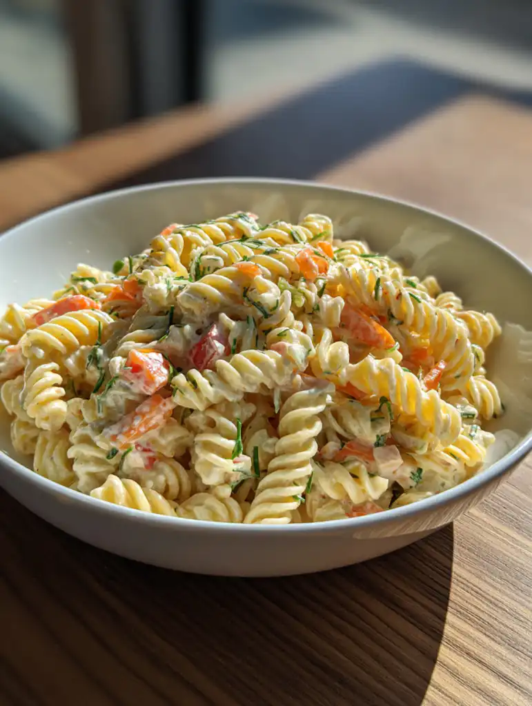 creamy pasta salad with rotini and vegetables in rich dressing on plate