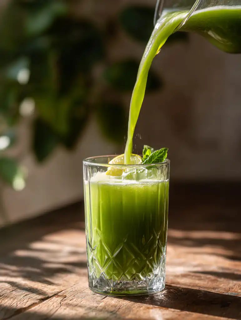 Cucumber drink recipe preparation pouring blended cucumber juice into glass with lemon and mint