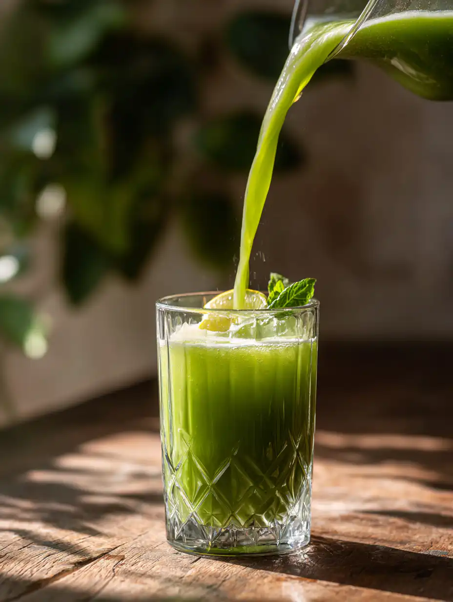 Cucumber drink recipe preparation pouring blended cucumber juice into glass with lemon and mint