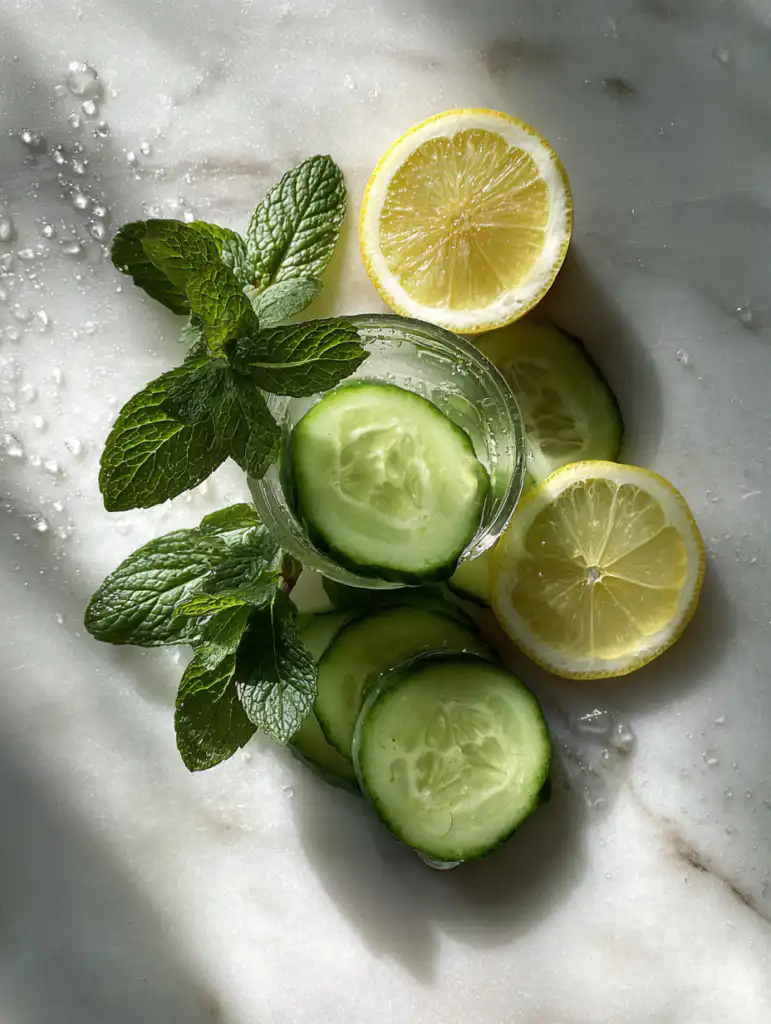 Cucumber drink recipe ingredients including cucumber lemon and mint on marble surface