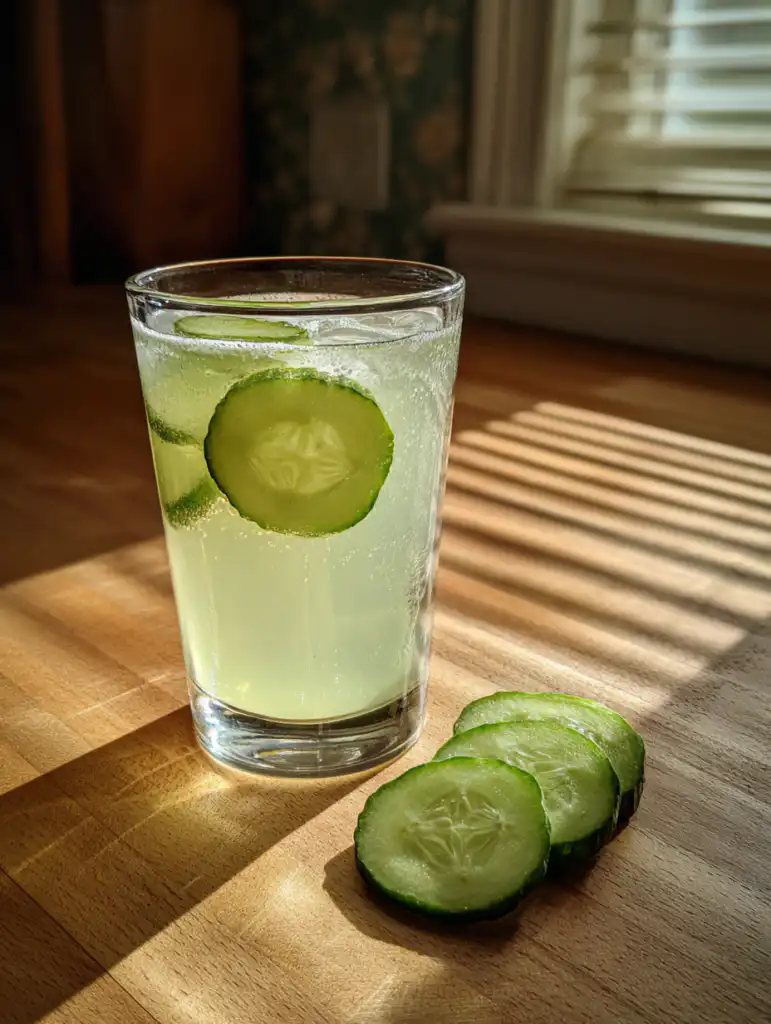 Cucumber drink recipe in a glass with fresh cucumber slices on wooden table