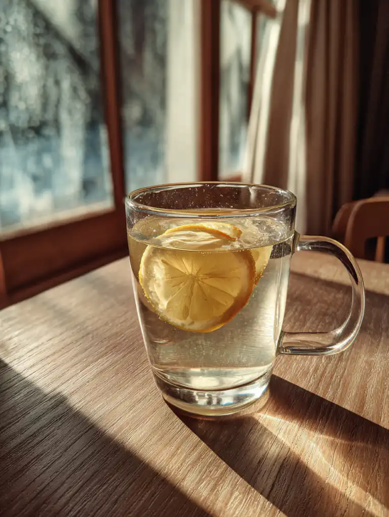 Japanese Mounjaro recipe drink in a glass with apple cider vinegar and lemon on wooden table