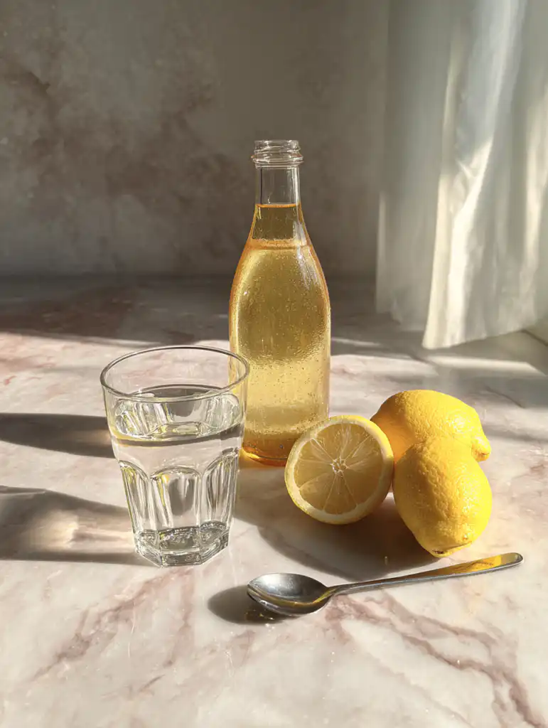 Japanese Mounjaro recipe ingredients including apple cider vinegar lemon honey and water on marble surface