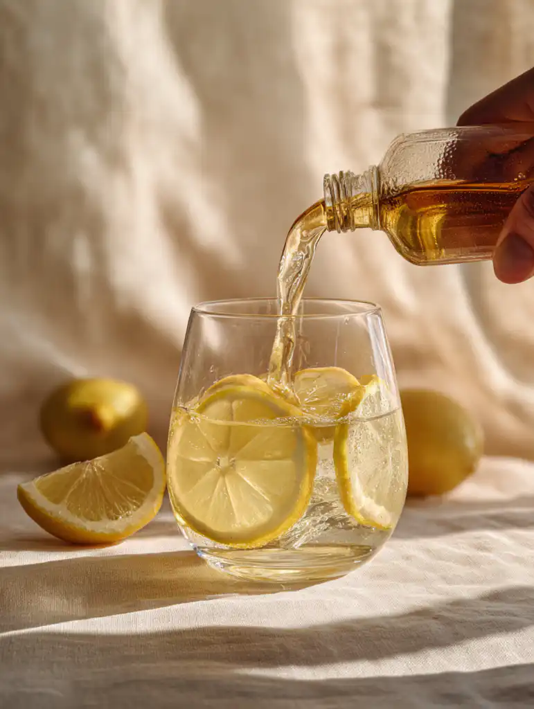 Japanese Mounjaro recipe step adding apple cider vinegar into warm water with lemon