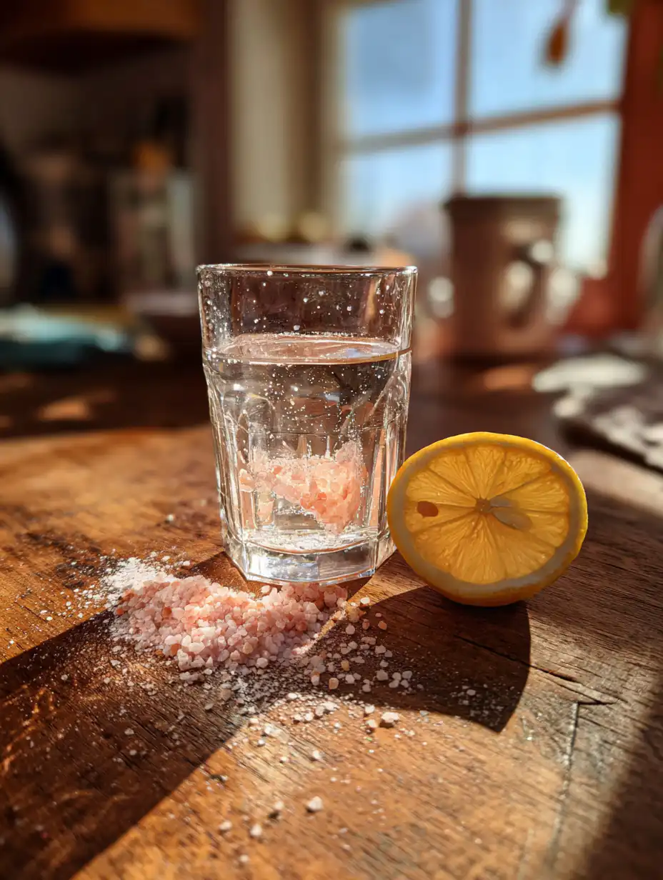 japanese pink salt trick drink with warm water Himalayan pink salt and lemon on wooden table