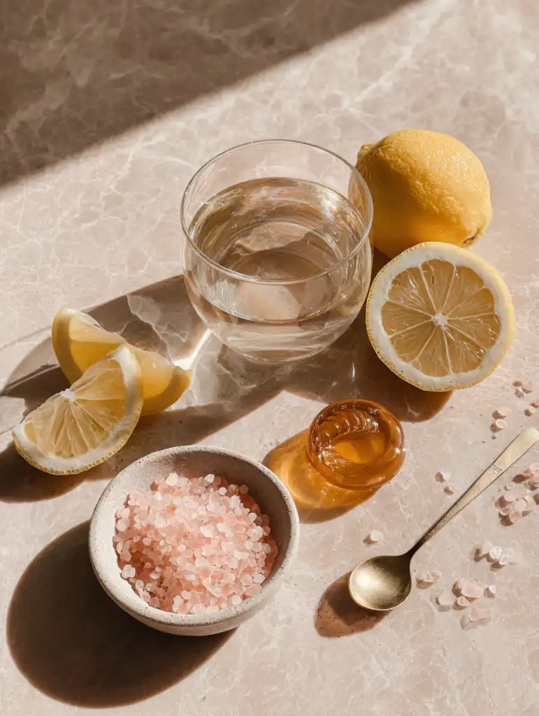 japanese pink salt trick ingredients including Himalayan pink salt water lemon and honey on marble surface