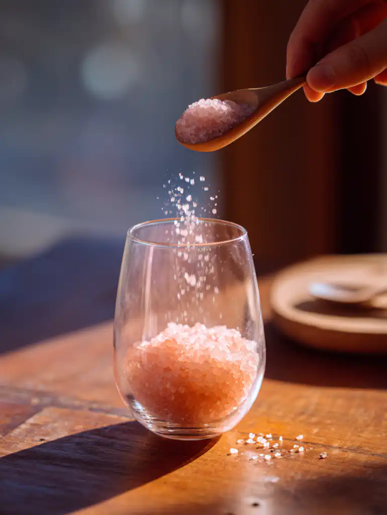 japanese pink salt trick step adding Himalayan pink salt into warm water for mixing