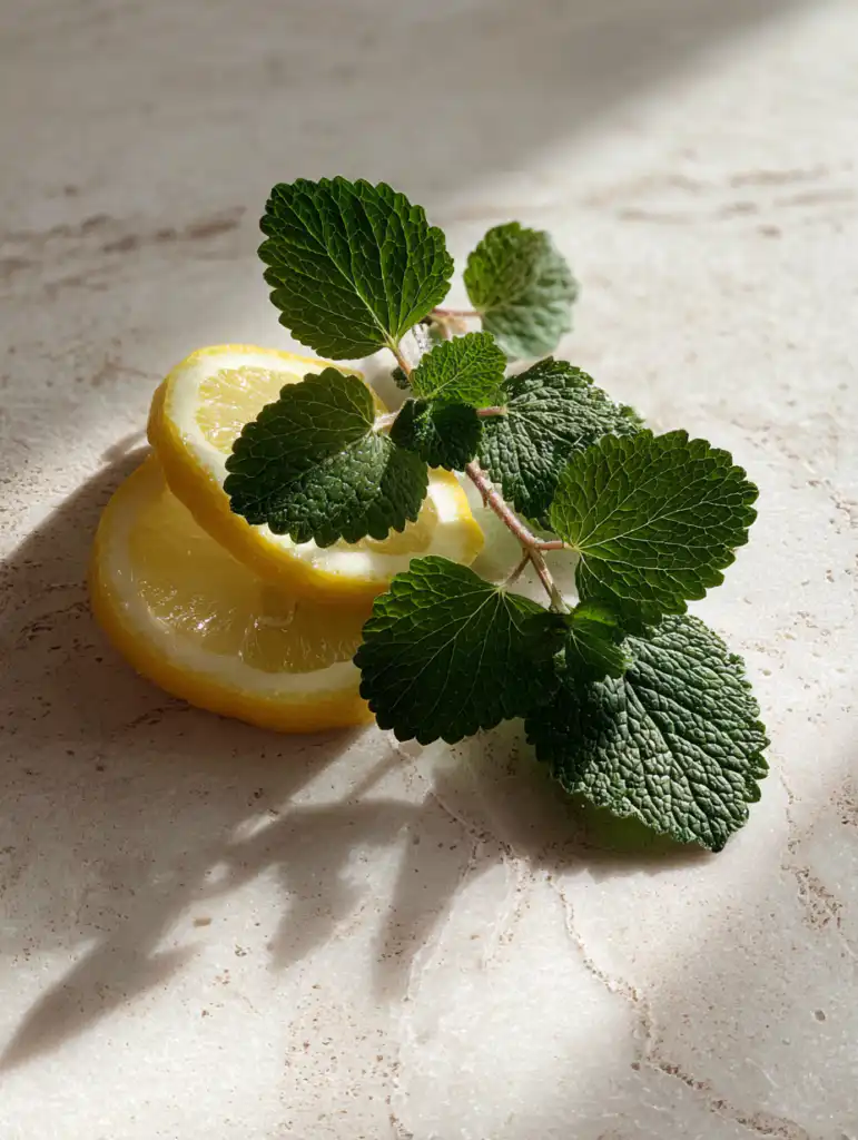 Lemon balm for weight loss ingredients including fresh lemon balm leaves and lemon on marble surface