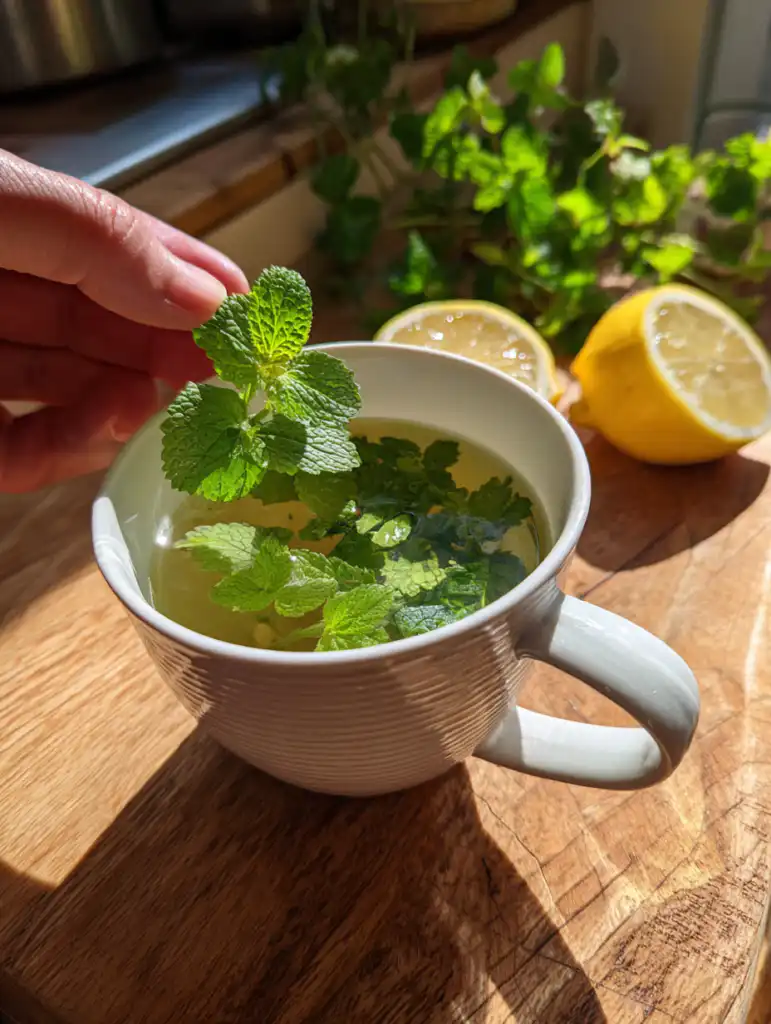 Lemon balm for weight loss preparation adding fresh leaves into hot water