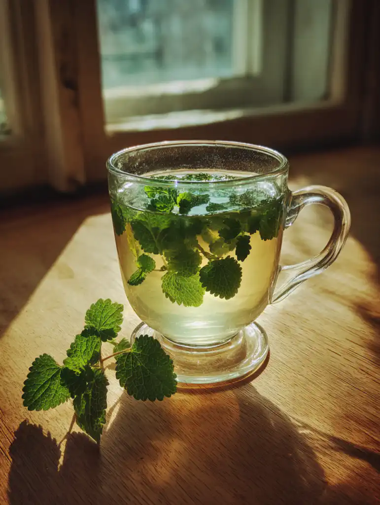 Lemon balm for weight loss tea in a glass cup with fresh leaves on wooden table