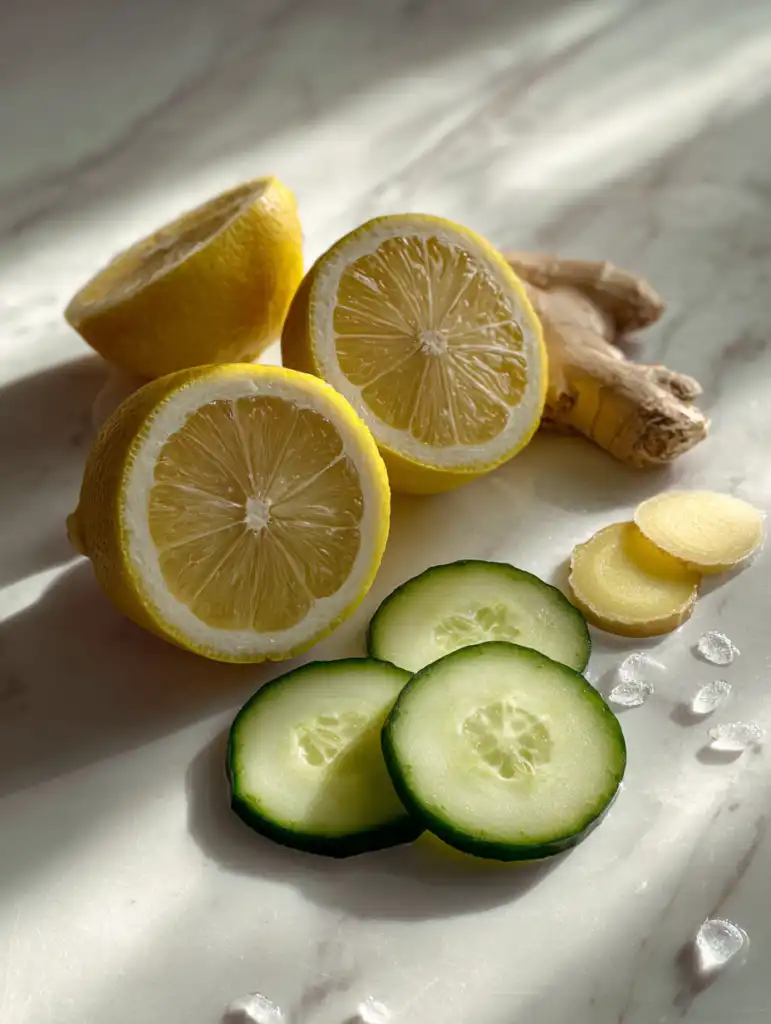 Lemon ginger cucumber water for weight loss ingredients including lemon cucumber and ginger on marble surface