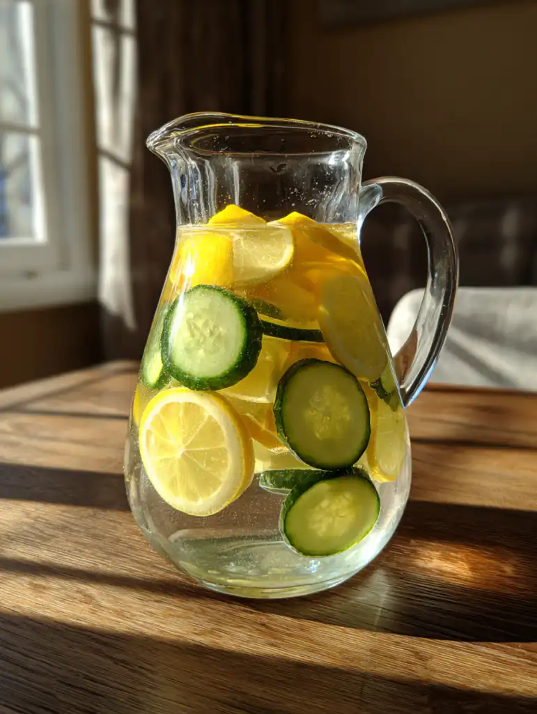 Lemon ginger cucumber water for weight loss in a glass pitcher with fresh ingredients on wooden table