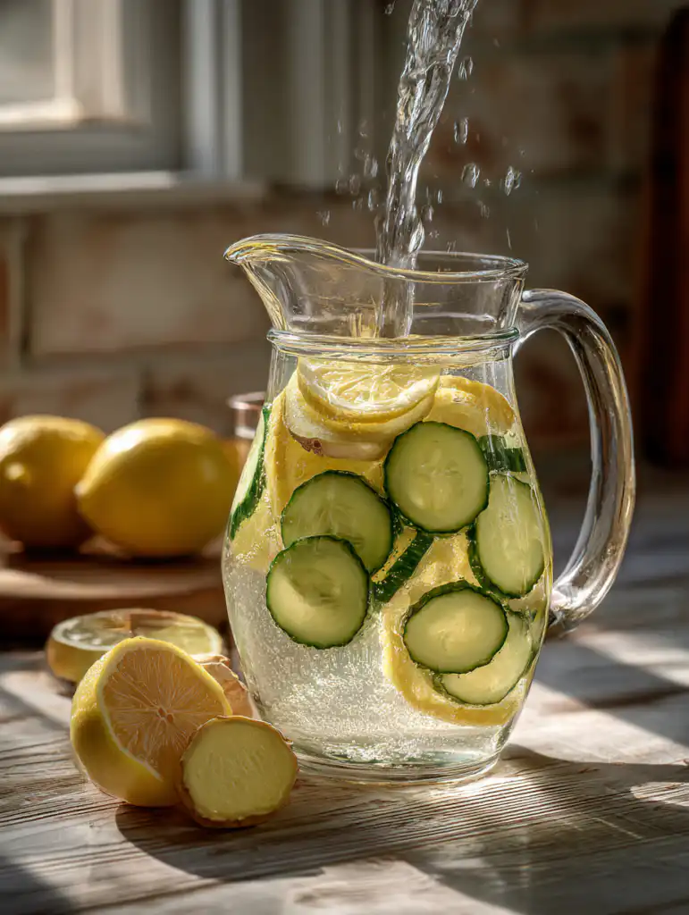 Lemon ginger cucumber water for weight loss preparation adding ingredients into pitcher with water