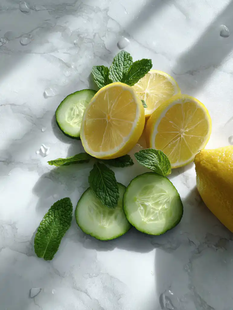 Lemon mint and cucumber water ingredients including lemon cucumber and mint on marble surface