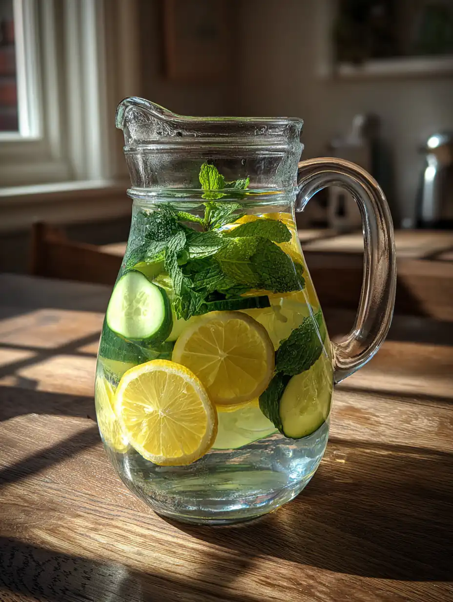 Lemon mint and cucumber water in a glass pitcher with fresh ingredients on wooden table