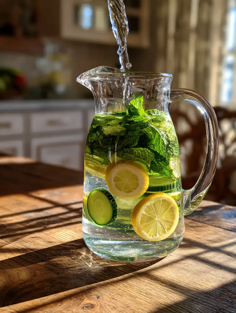 Lemon mint and cucumber water preparation adding mint and cucumber into pitcher with lemon