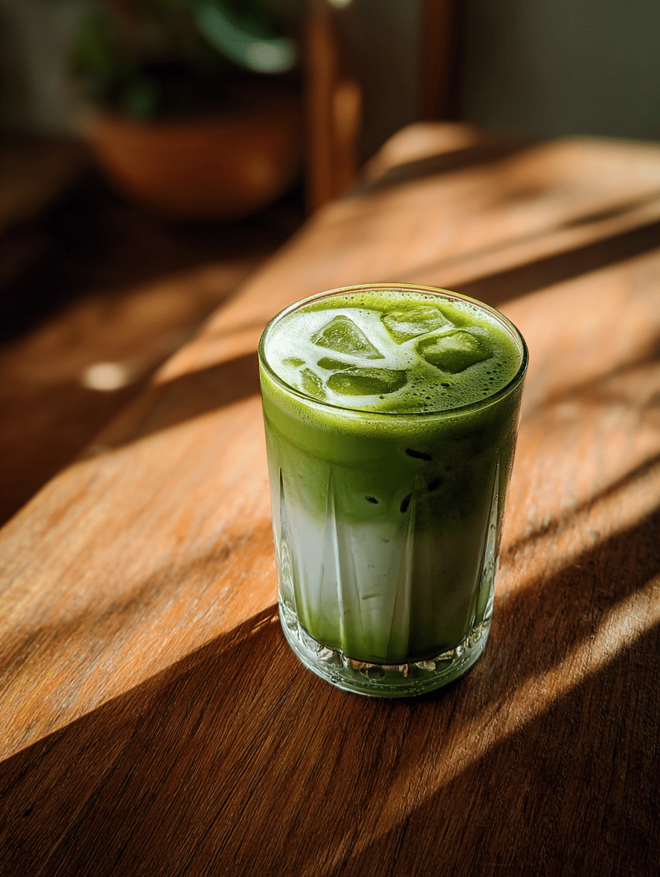 Low calorie iced matcha latte with almond milk swirl and ice in clear glass on wooden table