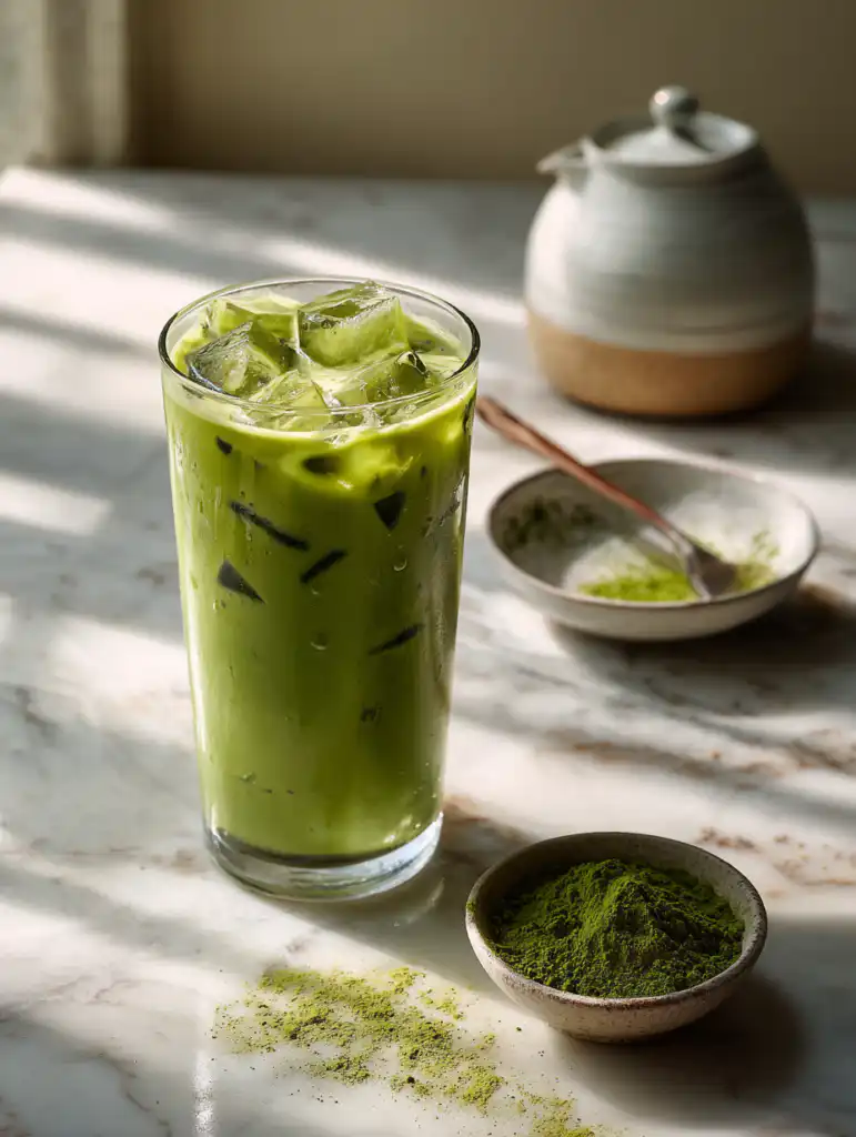Low calorie iced matcha latte ingredients including matcha powder almond milk sweetener and ice on marble surface