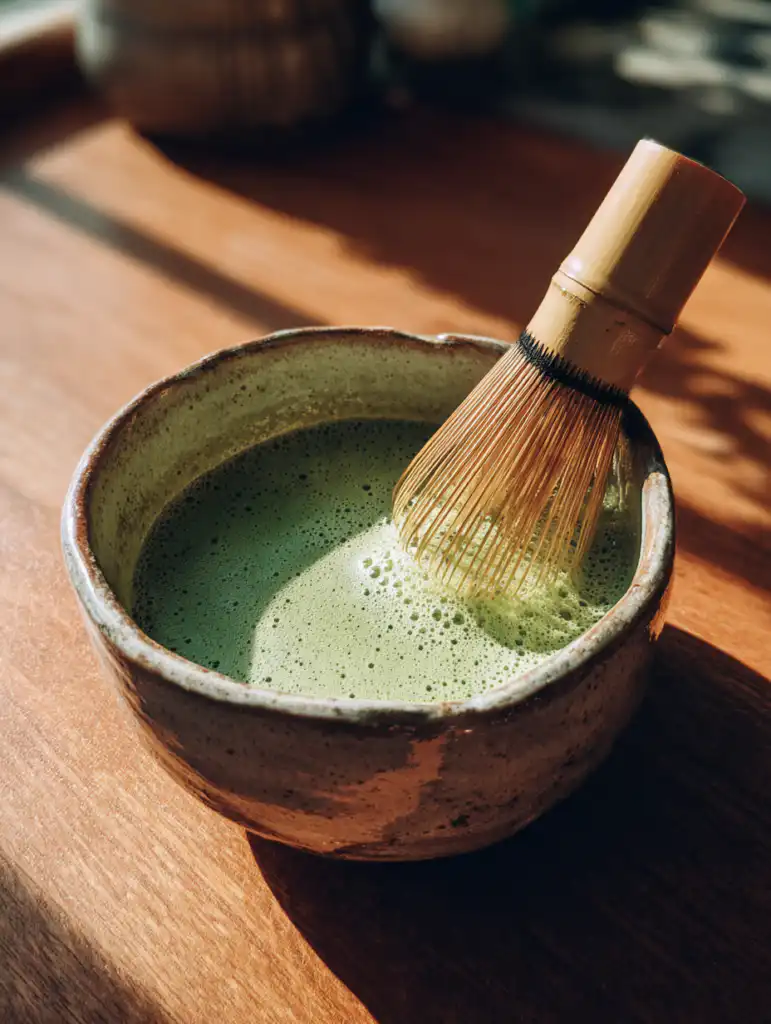 Low calorie iced matcha latte preparation whisking matcha powder with water for smooth texture