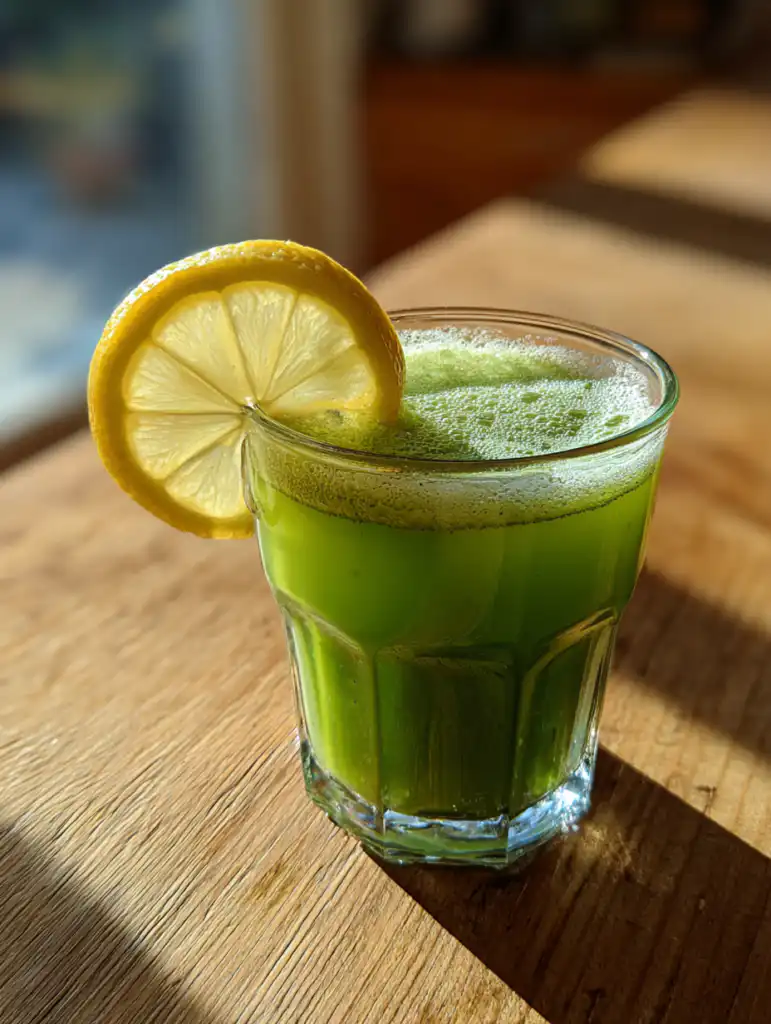 Matcha lemonade recipe in a glass with lemon slice on wooden table in natural light