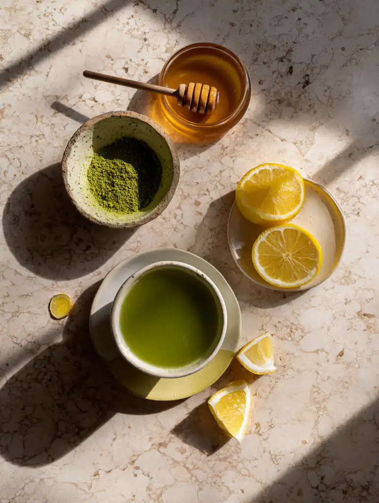 Matcha lemonade recipe ingredients including matcha powder lemon and honey on marble surface