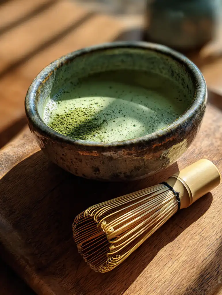 Matcha lemonade recipe preparation whisking matcha powder with water