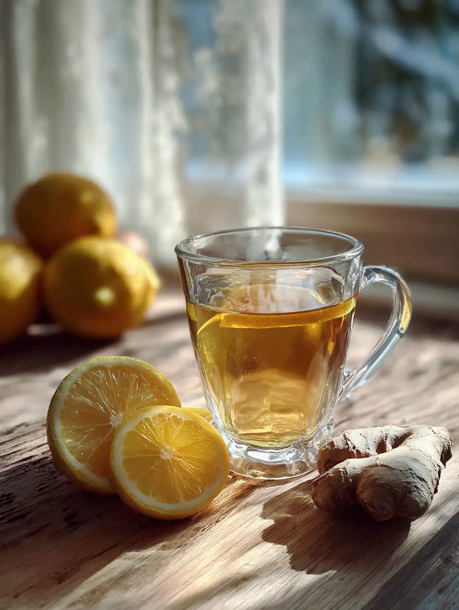 natural mounjaro tea recipe drink with lemon and ginger in a glass cup on wooden table
