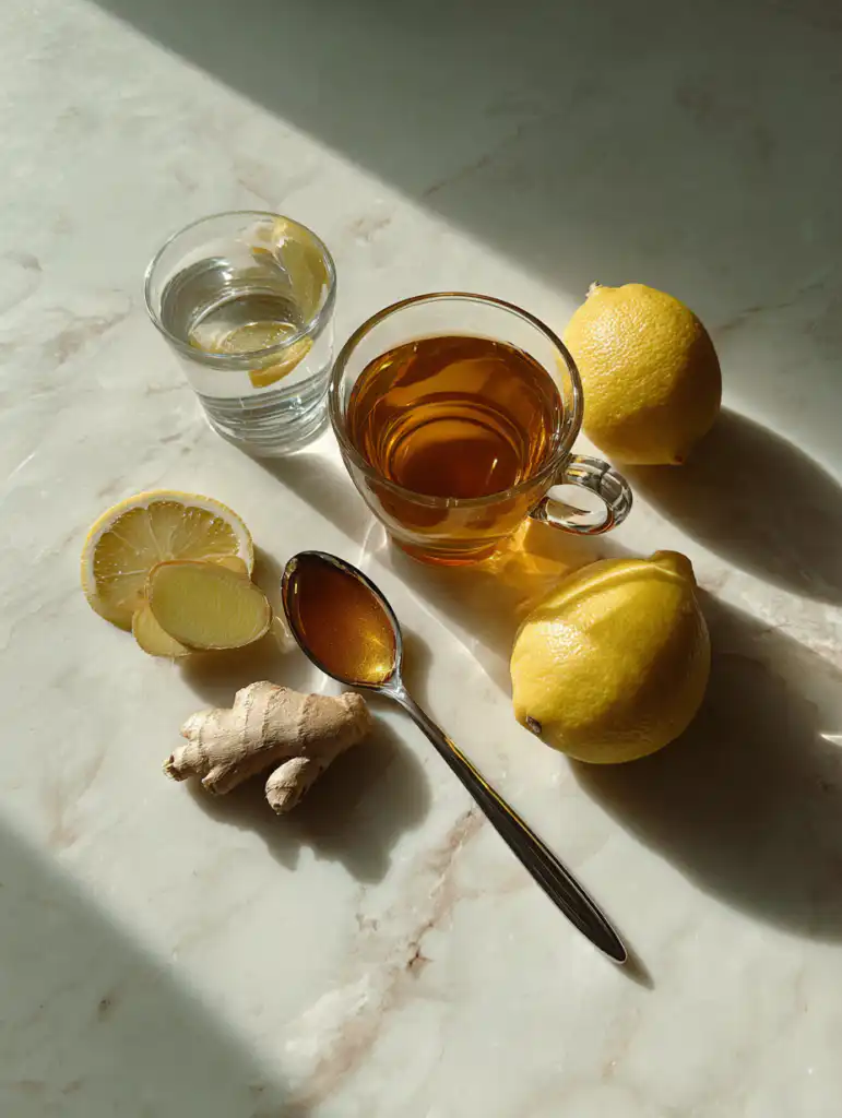 natural mounjaro tea recipe ingredients including lemon ginger honey and water on marble surface