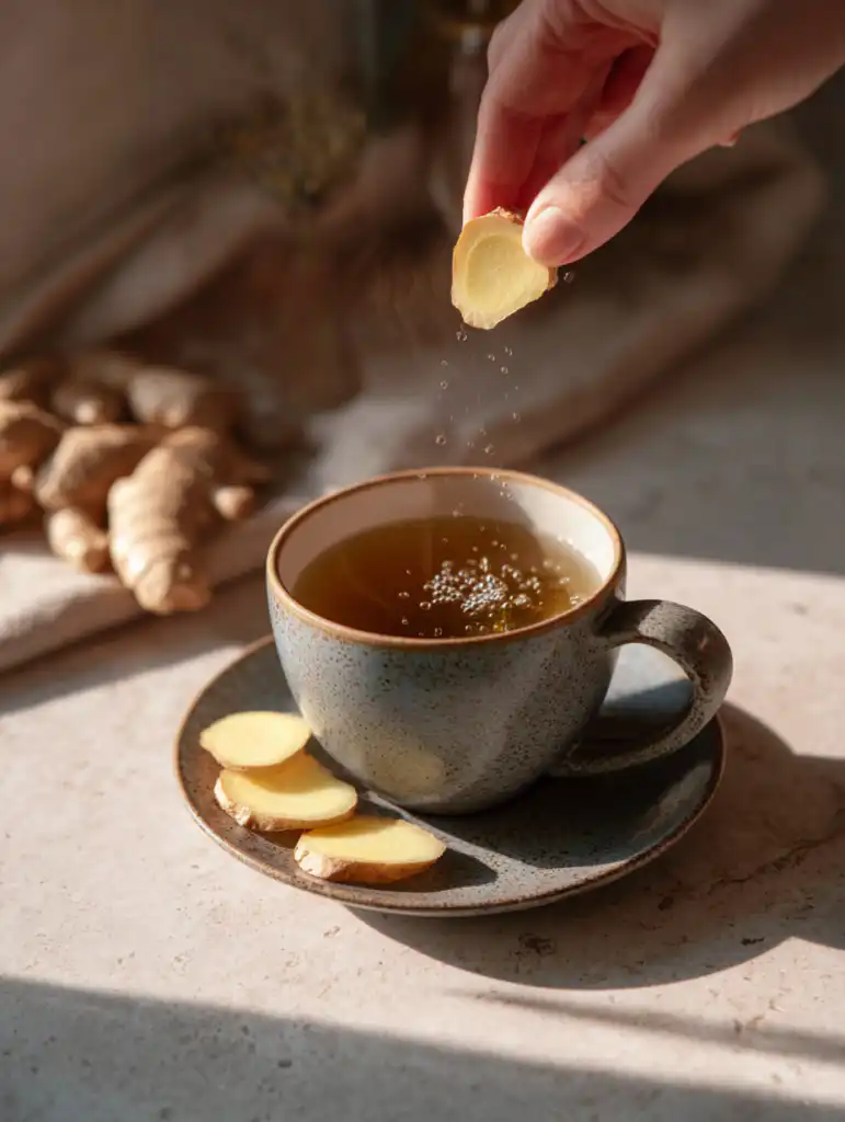 natural mounjaro tea recipe step adding ginger into warm water