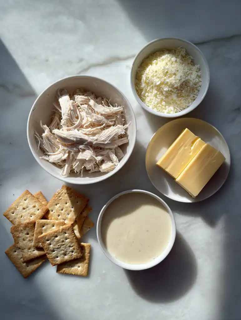 Neiman Marcus chicken casserole ingredients including chicken soup sour cream cheese and crackers on marble surface