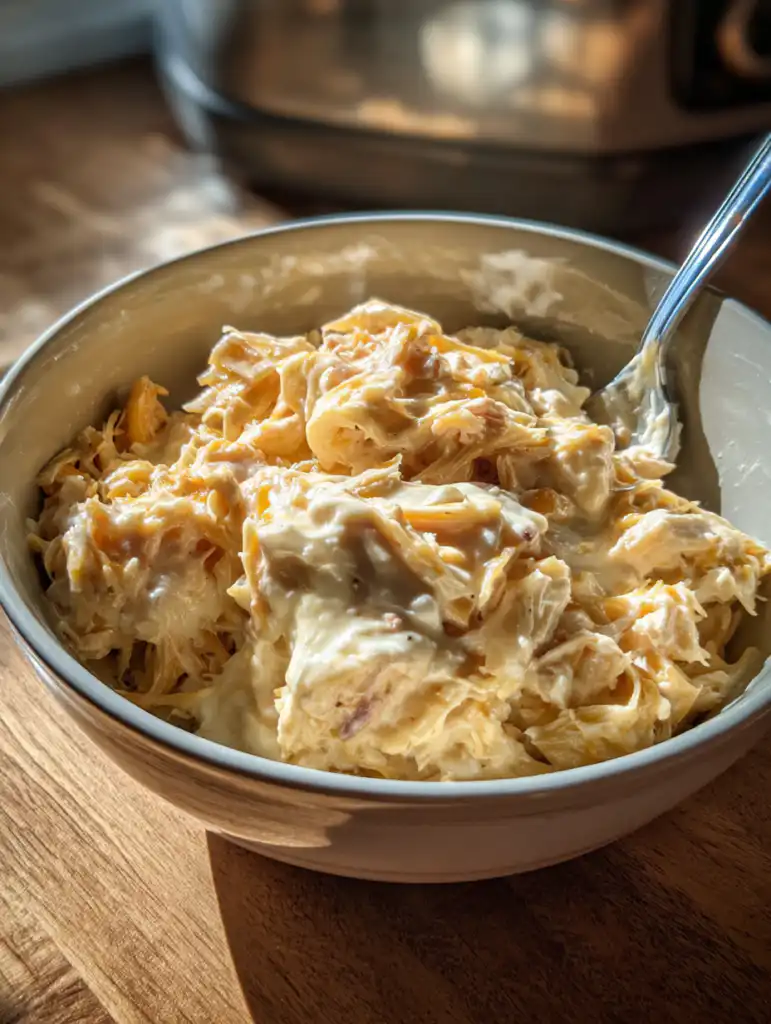 Neiman Marcus chicken casserole preparation mixing chicken with creamy sauce in bowl
