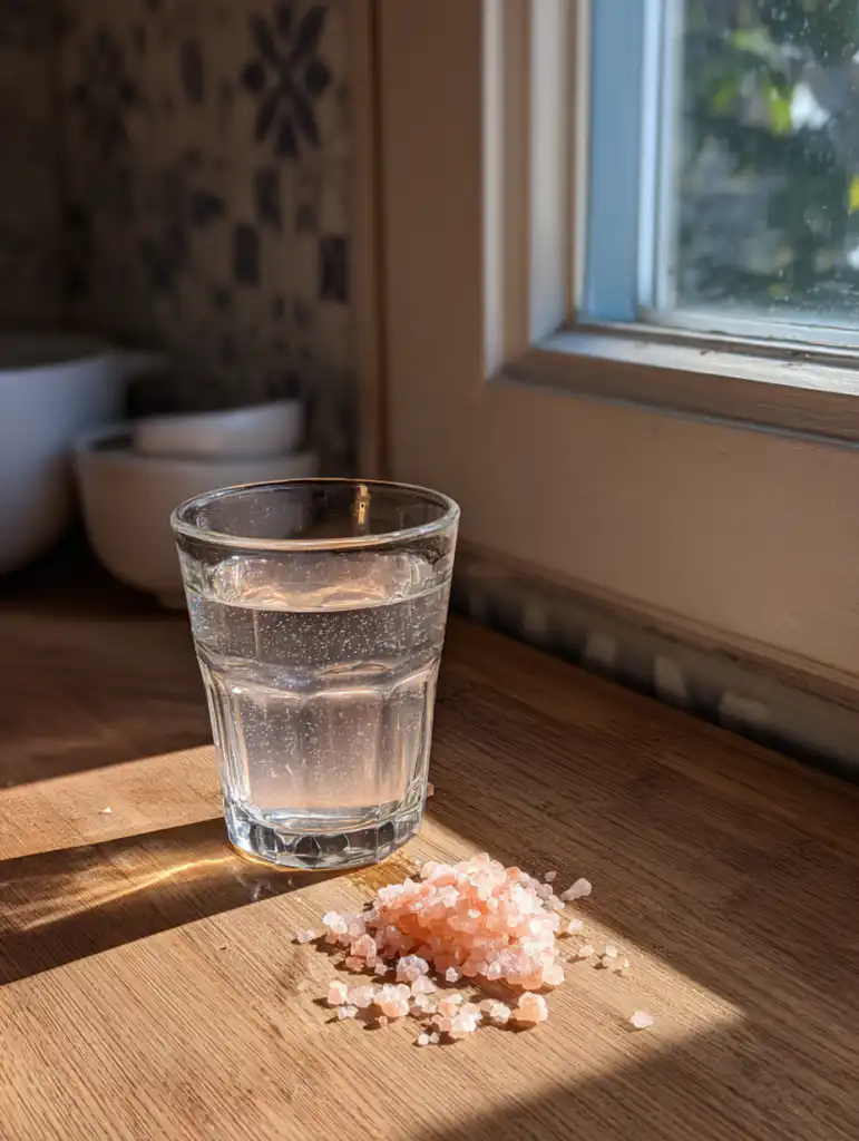 oprah pink salt recipe drink in a clear glass with Himalayan salt on a wooden kitchen counter in natural morning light