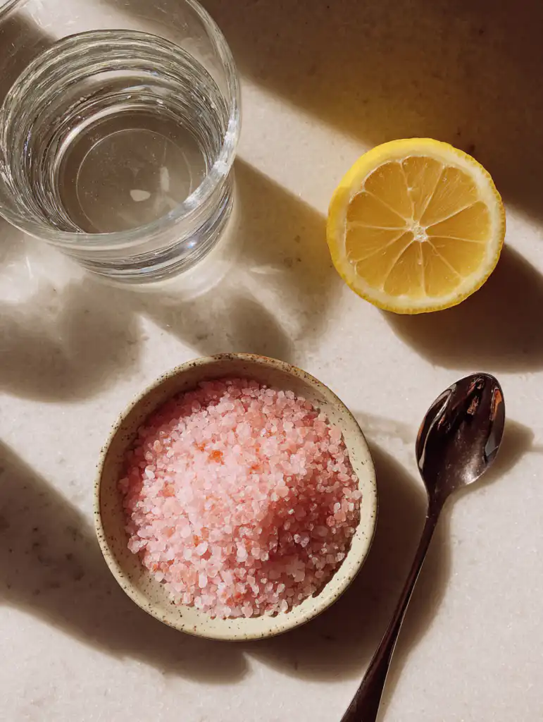 oprah pink salt recipe ingredients including Himalayan pink salt water and lemon on a marble kitchen counter
