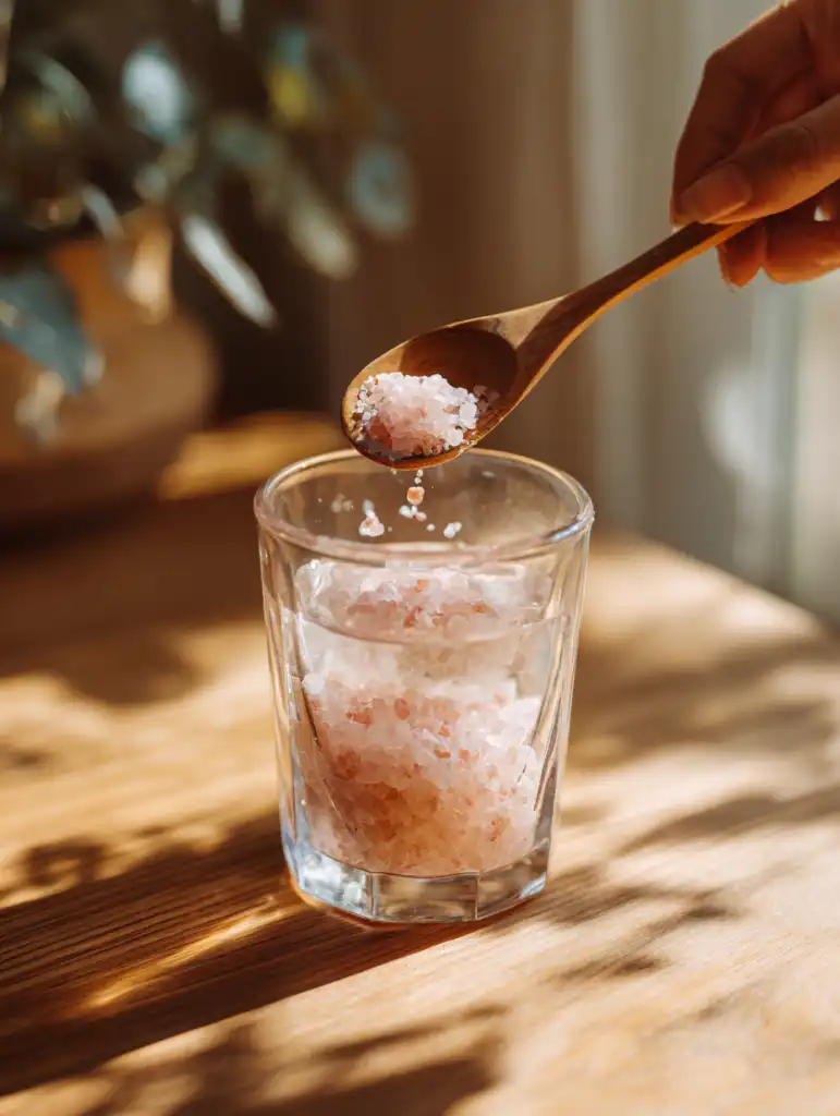 oprah pink salt recipe step showing salt being stirred into water in a glass on a kitchen counter