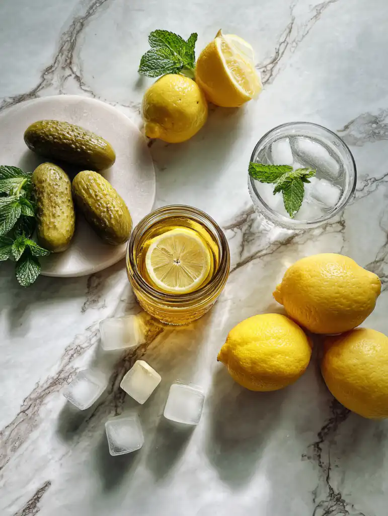 pickle brine lemon drink recipe ingredients including pickle brine lemon honey water and mint