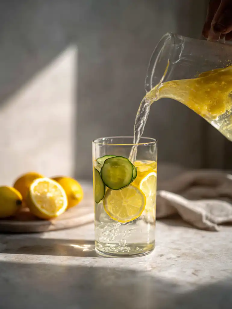 pickle brine lemon drink recipe step mixing pickle brine lemon juice and water in a pitcher