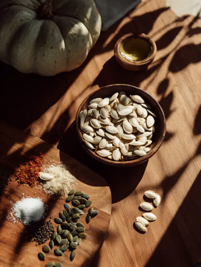 pumpkin seed recipe ingredients including raw seeds oil and seasoning