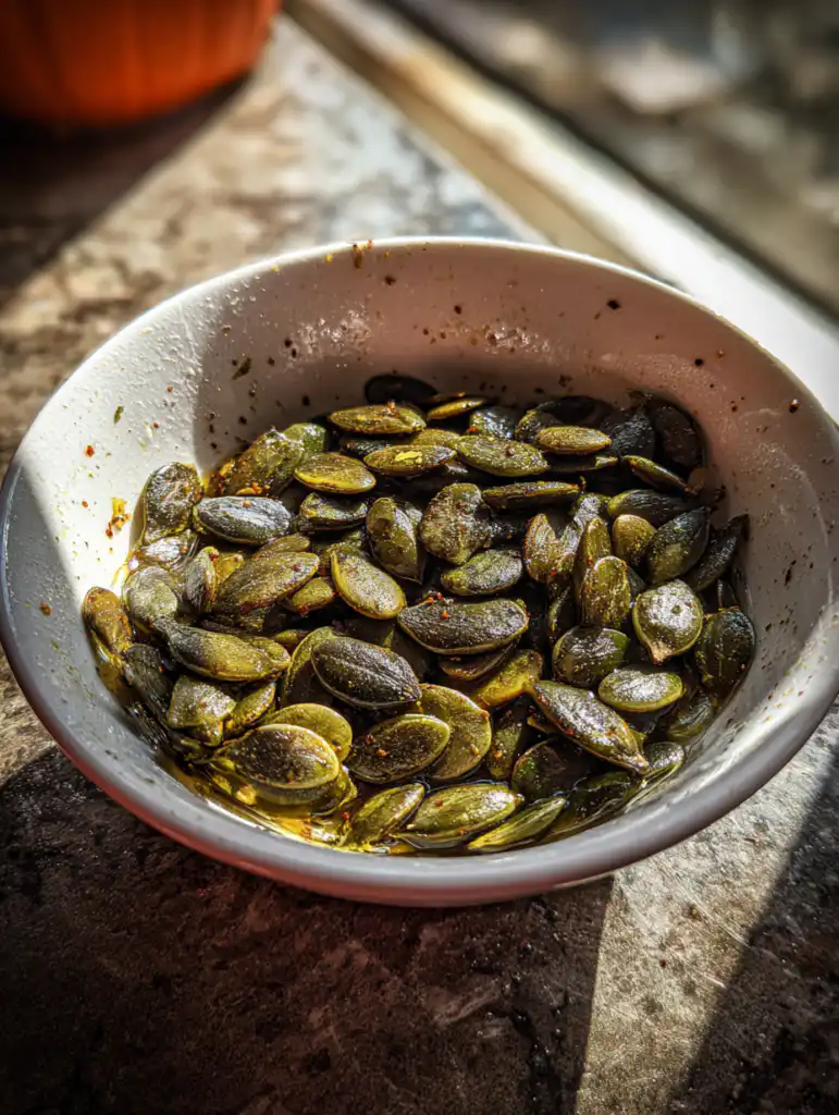 pumpkin seed recipe mixing cleaned seeds with oil and seasoning before baking