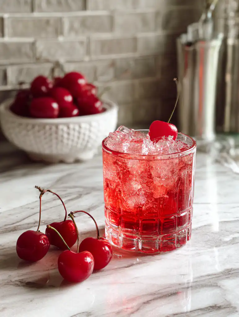 Shirley temple drink ingredients including ginger ale grenadine and cherries on marble surface