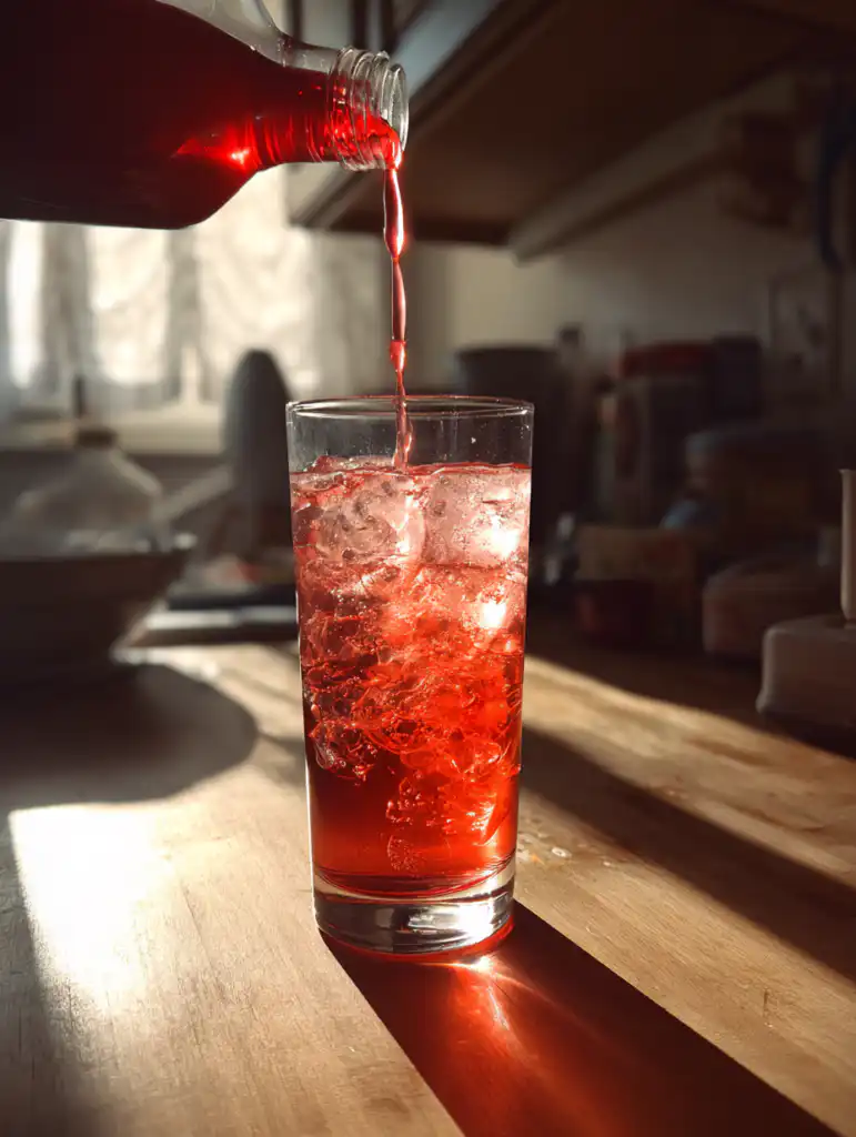 Shirley temple drink preparation pouring grenadine into ginger ale with ice