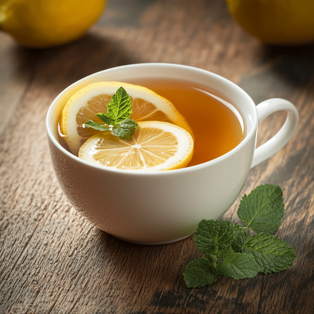 Lemon balm tea served with lemon slices and mint