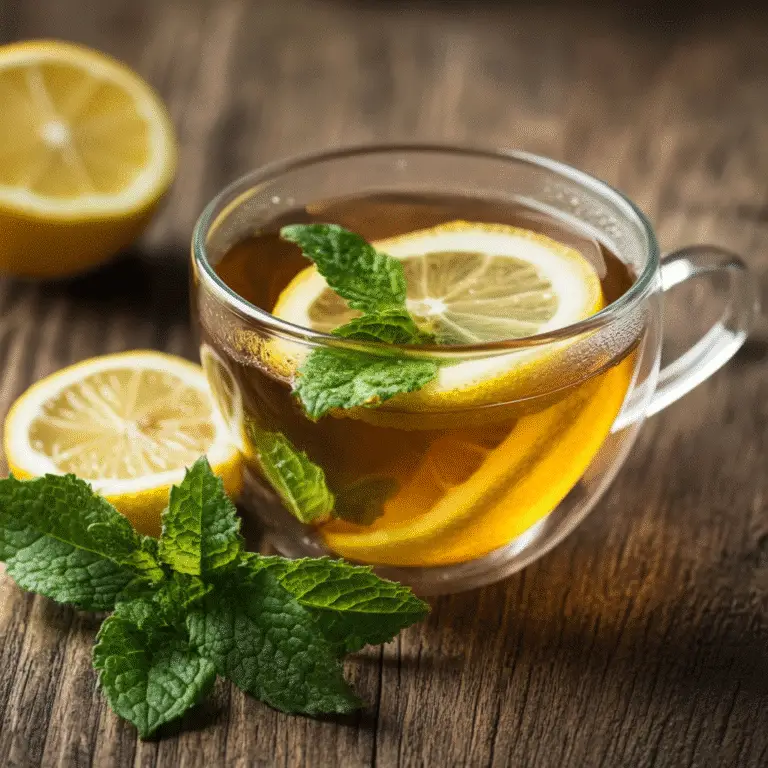 Lemon balm tea served with lemon slices and mint