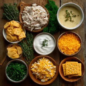 Ingredients for Neiman Marcus Chicken Casserole: chicken, cream of chicken soup, sour cream, and Ritz crackers.