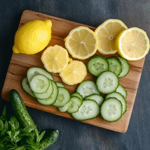 Ingredients for Lemon Ginger Cucumber Water: lemon, cucumber, and ginger
