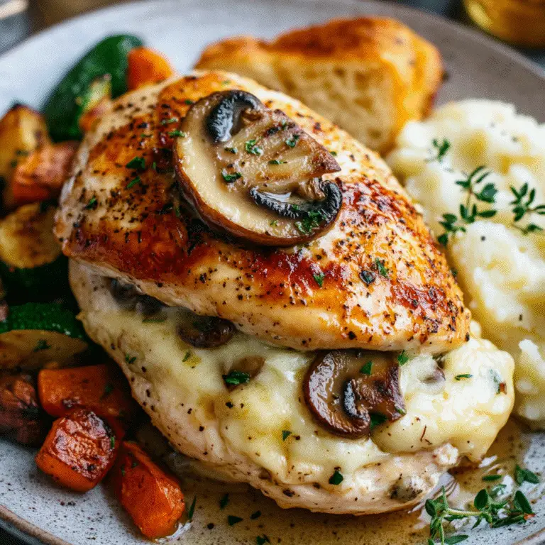Cheesy Garlic Butter Mushroom Stuffed Chicken with roasted vegetables and mashed potatoes