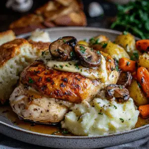 Cheesy Garlic Butter Mushroom Stuffed Chicken with roasted vegetables and mashed potatoes