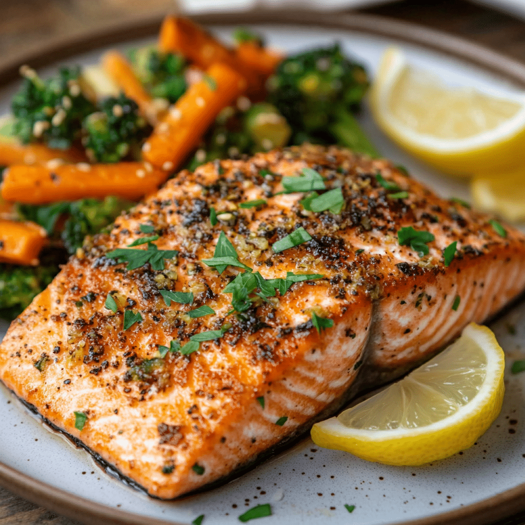 Crispy golden Air Fryer Salmon with lemon wedges and fresh herbs