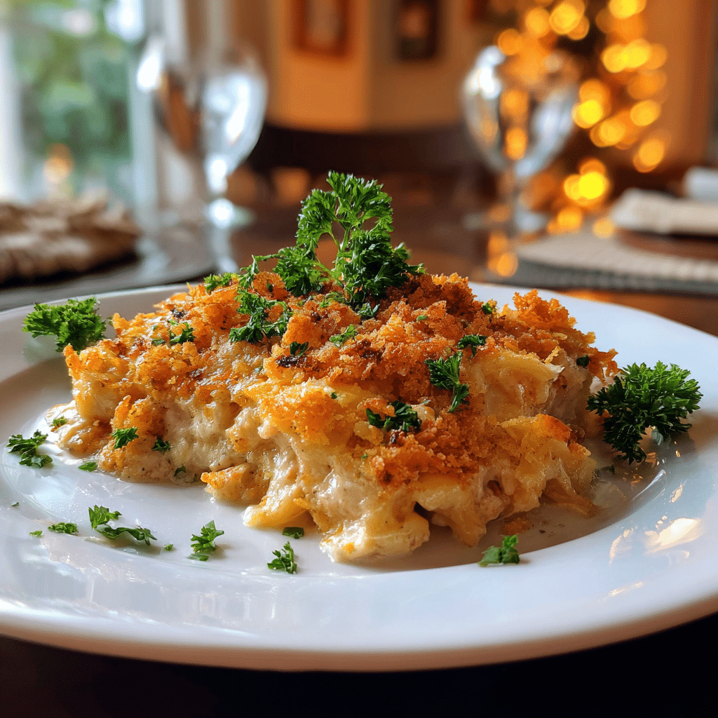 Serving Neiman Marcus Chicken Casserole with a golden Ritz cracker topping, garnished with parsley.